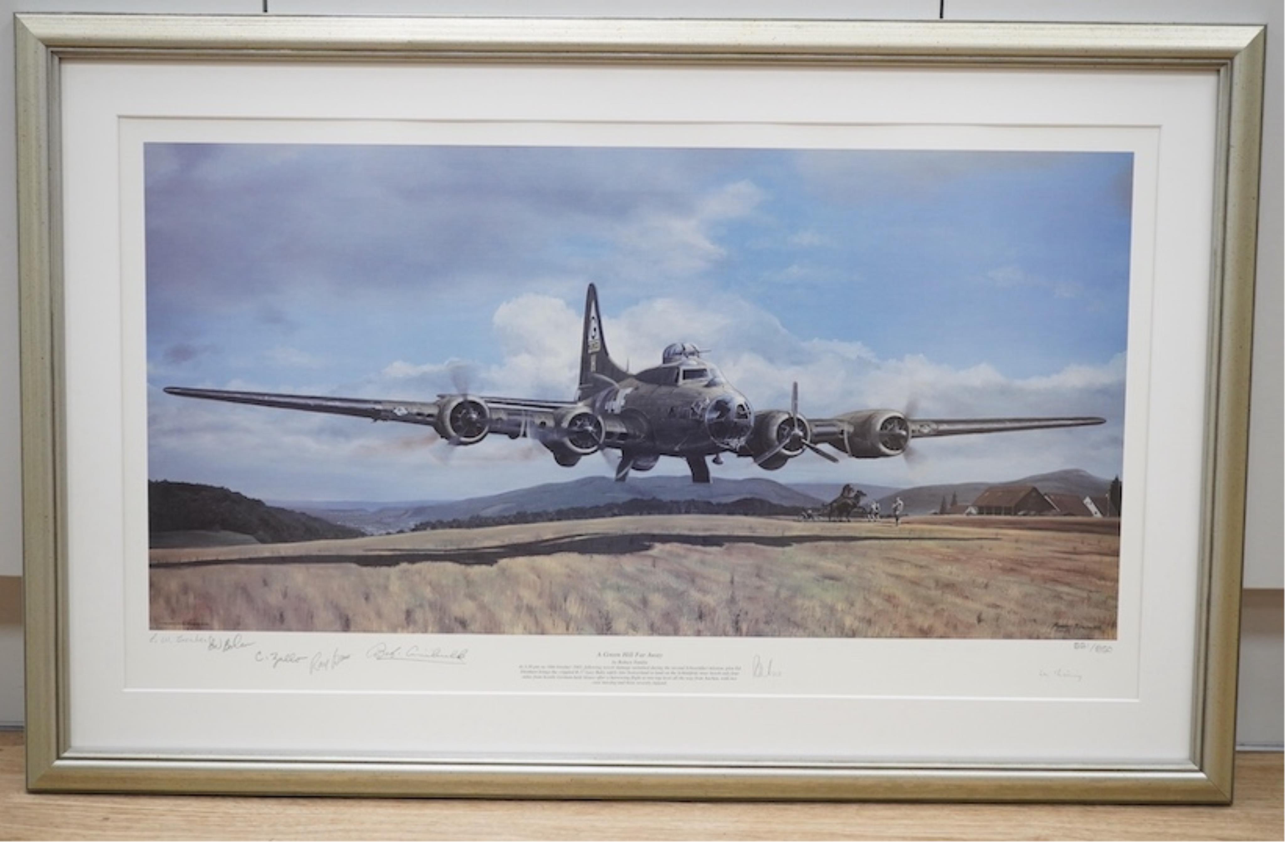 Two military aviation interest colour prints comprising: Michael Turner, ‘The Battle for Normandy’, and Robert Tomlin, ‘A Green Hill Far Away’, each in signed in pencil and limited edition, largest 48 x 64cm. Condition -